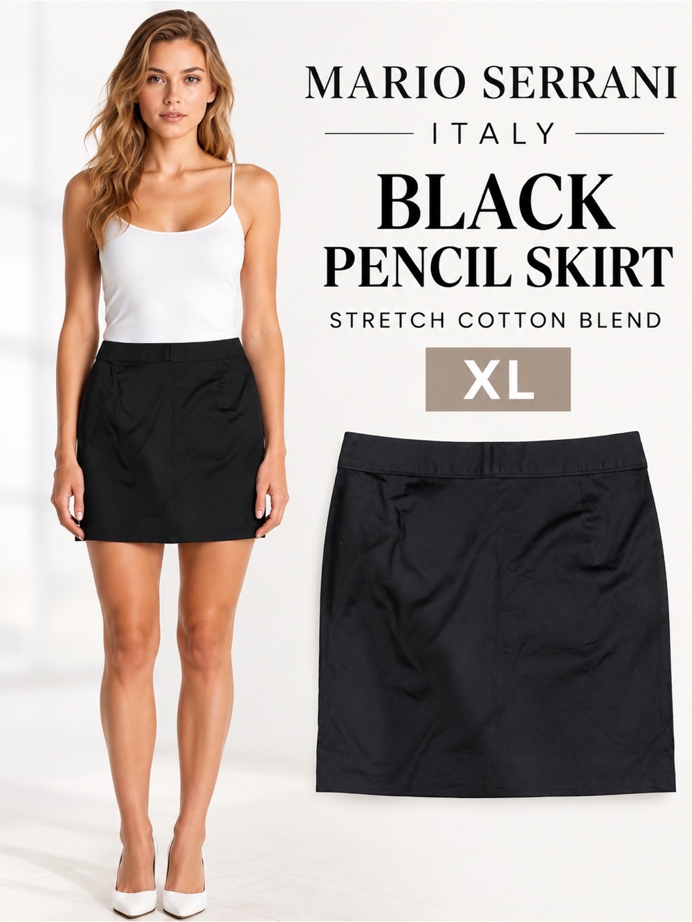 Mario Serrani Black Stretch Pencil Mini Skirt XL Cotton Office Career